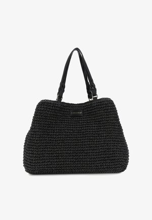 Bolso tote tejido negro con dos asas de cuero y una pequeña etiqueta rectangular con la marca "CAFèNOIR" en el centro delantero.