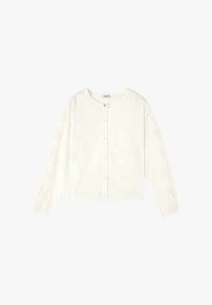 Biały kardigan na guziki z długim rękawem, ozdobiony kwiatową koronką wzdłuż rękawów, z okrągłym dekoltem.