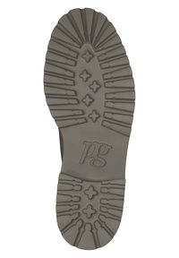 Schuhsohle mit tiefem Profilmuster, hellgraues Gummimaterial, das mehrere Rillen und kreuzförmige Details aufweist. Logo "pg" eing geprägt.