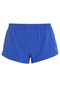 Pantalones cortos deportivos azules con una cintura elástica, textura suave y una ligera abertura lateral; cuenta con un pequeño logo en la parte inferior derecha.