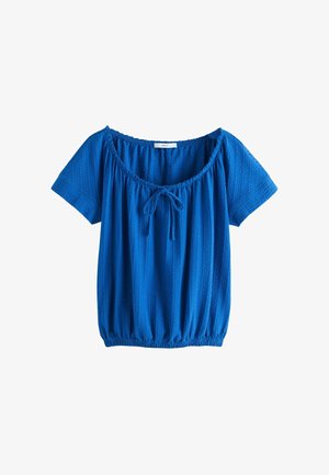Bluza albastră cu mâneci scurte, din material texturat, cu decolteu rotund, detaliu cu nod în față și tiv elastic.