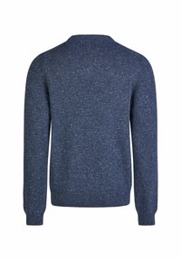 Marineblauer Pullover mit strukturiertem Strickmuster, rundem Ausschnitt und gerippten Bündchen und Saum. Mit weißen Sprenkeln im gesamten Stoff.