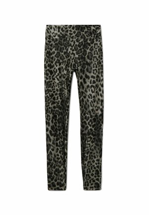 Eng anliegende Leggings mit Leopardenmuster und hohem Bund, mit einem schwarz-grauen Fleckenmuster, flach auf einem weißen Hintergrund liegend.