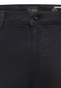 Navy blue trousers made of smooth fabric featuring a button closure, belt loops, and a front pocket with subtle stitching details.