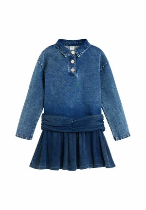 Vestido vaquero de manga larga con cuello y tres botones, cintura fruncida y falda plisada en tela de denim lavada de color azul oscuro.