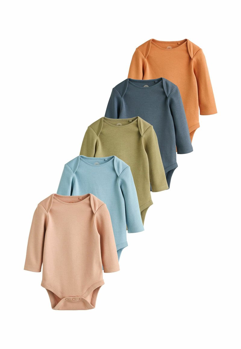 Fem lange ærmer bodysuits i blødt bomuld, der findes i en række pastelfarver: fersken, blå, grøn, marineblå og orange. Rund hals og trykknaplukninger.