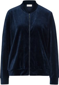 Námořnická modrá sametová bomber bunda s předním zipem, žebrovaným límcem, manžetami a spodním lemem, s hladkou texturou a minimalistickým designem.