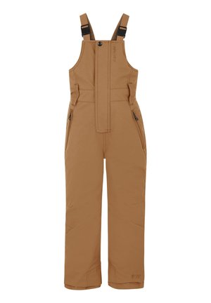 Braune isolierte Latzhose mit verstellbaren Trägern, Reißverschlusstaschen und glatter Oberfläche. Geeignet für Aktivitäten bei kaltem Wetter.