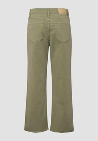 Back view of olive green straight-leg pants with two back pockets and a tan leather brand patch on the waistband.