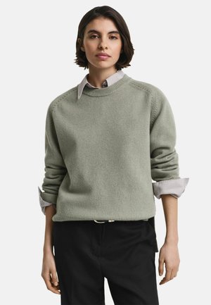 Woman with short dark hair wearing a light gray knit sweater over a collared shirt, black pants, standing against a white background.