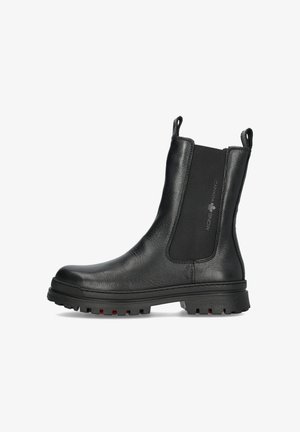 Schwarze Leder-Ankle Boots mit elastischen Seitenpaneelen, strukturiertem Finish, Gummisohle und kontrastierenden roten Akzenten an der Außensohle. Leichtes Design.