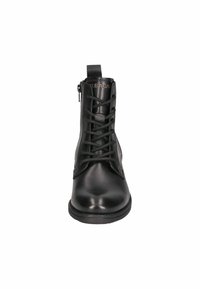 Black leather ankle boot with front lacing and side zipper. Features a textured finish and flat rubber sole for stability.