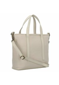 Cremfarbene Leder-Tasche mit doppelten oberen Griffen und einem abnehmbaren Schultergurt. Glatte Textur, minimalistisches Design und keine sichtbaren Hardware-Akzente.