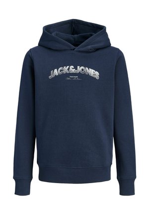 Sweat à capuche bleu marine avec manches longues et logo texte blanc "JACK & JONES" sur la poitrine.