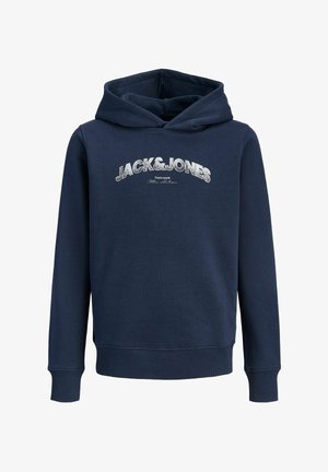Marineblauer Kapuzenpullover mit langen Ärmeln und weißem "JACK & JONES" Schriftzug über der Brust.