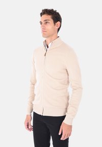 Maglione zip-up beige con collo alto, polsini e vita a costine. Morbida trama in maglia e dettagli di cucitura sottili. Indossato sopra una camicia bianca.