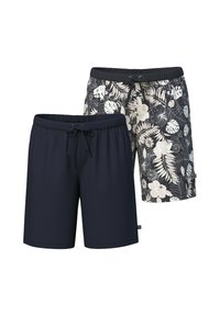 Twee paar kniebrede shorts: één in effen marineblauw, de ander met een donker bloemenpatroon met bladeren en bloemen, beide met elastische taillebanden.