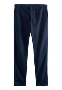 Chinos bleumarin dintr-un amestec de bumbac, dotate cu închidere cu nasture, buzunare laterale și un design cu picior drept. Textură netedă.