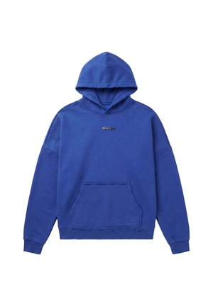 Sweat à capuche bleu à manches longues avec poche kangourou à l'avant, petit logo ovale sur la poitrine, et détail d'ourlet effiloché.