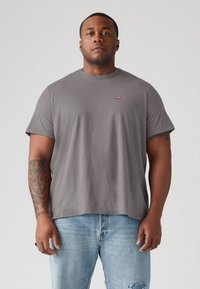 Grijze katoenen t-shirt met een ronde halslijn, korte mouwen en een klein rood logo op de borst. Losse pasvorm en een zachte textuur. G gedragen met lichtblauwe jeans.