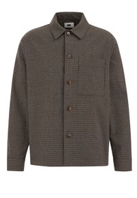 Pánska hnedo-čierna bunda-košeľa so vzorom pepitky, zapínaná na gombíky, s dlhými rukávmi a jedným náprsným vreckom.