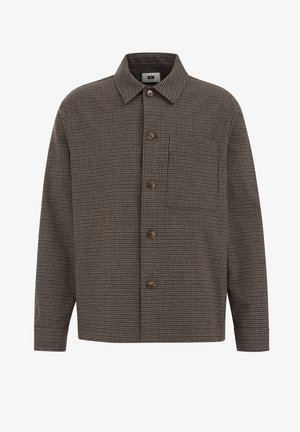 Chemise-veste pour homme à manches longues, boutonnée, en marron et noir avec un motif pied-de-poule, comprenant une poche poitrine unique.