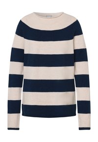 Marineblaue und cremefarbene gestreifte Strickjacke mit rundem Ausschnitt und langen Ärmeln, aus weichem Stoff mit glatter Textur.