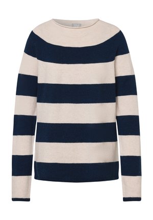 Marineblaue und cremefarbene gestreifte Strickjacke mit rundem Ausschnitt und langen Ärmeln, aus weichem Stoff mit glatter Textur.