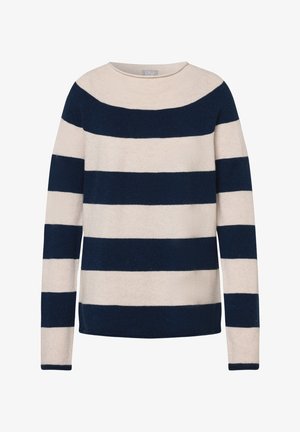 Marineblaue und cremefarbene gestreifte Strickjacke mit rundem Ausschnitt und langen Ärmeln, aus weichem Stoff mit glatter Textur.