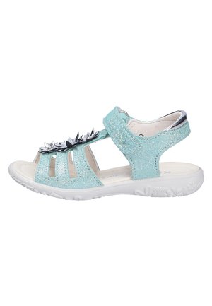 Helles blaugraues, glitzerndes Offene-Zehen-Sandale mit silbernen floralen Applikationen, verstellbarem Klettverschluss, gepolsterter weißer Sohle und silbernem Absatzakzent.