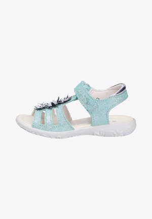 Sandal aperto di colore blu chiaro con glitter, decorazioni floreali argentate, cinturino regolabile in Velcro, suola bianca imbottita e accentuazione argentata sul tacco.