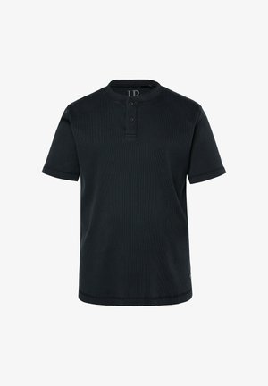 Kortærmet sort henley skjorte lavet af tekstureret stof, med rund halsudskæring og tre-knaps lukning, samt en lige kant.