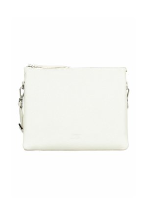 Pochette rectangulaire en cuir blanc avec fermeture éclair et bandoulière amovible avec attaches métalliques.