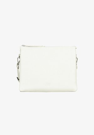 Pochette rectangulaire en cuir blanc avec fermeture éclair et bandoulière amovible avec attaches métalliques.