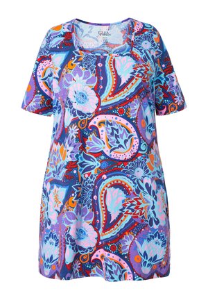 Robe à manches courtes avec un motif paisley et floral vibrant dans des tons de bleu, violet, rose, orange et rouge sur un fond bleu marine.
