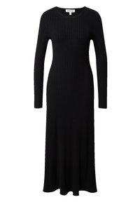 Schwarzes, geripptes Langarmkleid mit rundem Ausschnitt, tailliertem Oberteil und schwingendem Saum. Hergestellt aus einem strukturierten Strickstoff.