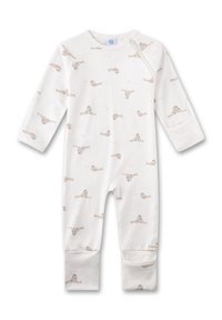 Weißer Baby-Strampler mit langen Ärmeln, beige Robbenmuster, Umschlagbündchen und einem diagonalen Reißverschluss an der Schulter.