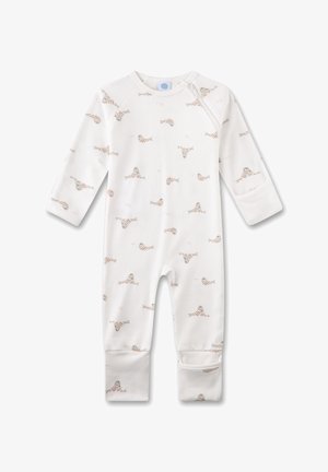 Weißer Baby-Strampler mit langen Ärmeln, beige Robbenmuster, Umschlagbündchen und einem diagonalen Reißverschluss an der Schulter.