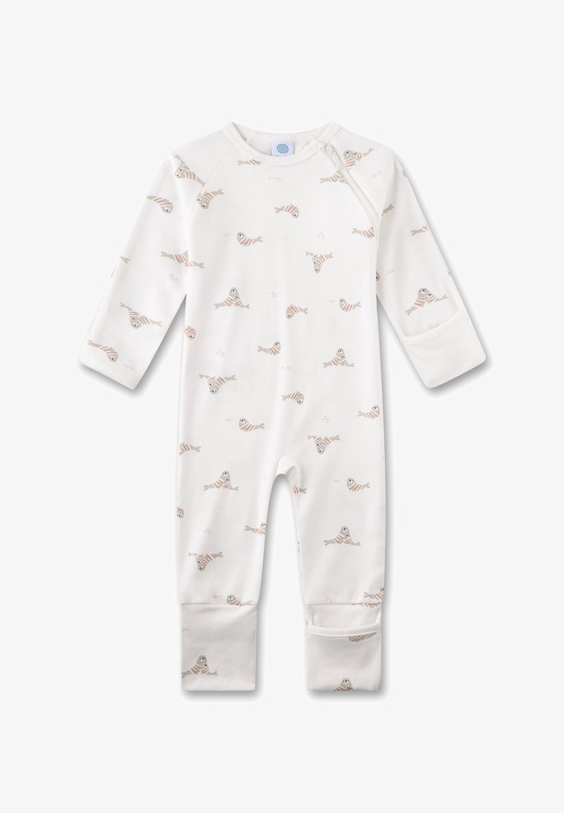 Weißer Baby-Strampler mit langen Ärmeln, beige Robbenmuster, Umschlagbündchen und einem diagonalen Reißverschluss an der Schulter.