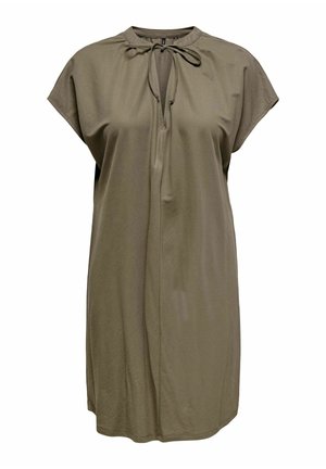 Vestido corto de manga corta en verde oliva con escote redondo y detalle de lazo ajustable en el frente. Tejido suave con un corte holgado y longitud hasta medio muslo.