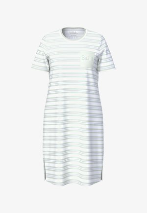 Gestreiftes Kurzarmkleid in Hellgrün und Weiß mit Lavendelakzenten. Verfügt über eine Tasche mit dem Wort "Salut" in Pastellfarben.