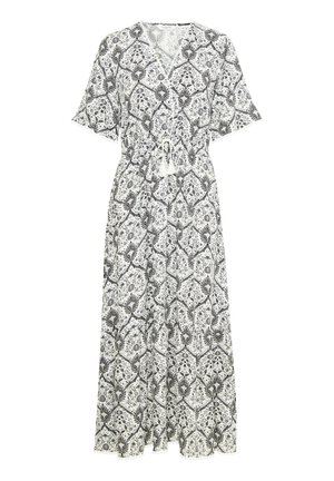 Lång klänning i svart och vitt mönster med korta utsvängda ärmar, V-ringning, dragsko i midjan, och fransar vid knytningen. Lättviktsmaterial.