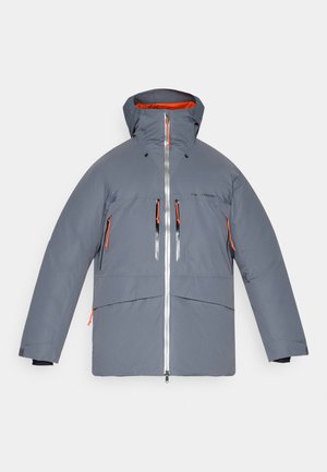 Hall halliga isoleeritud jope kapuutsiga, millel on oranžid detailid, esilukk ja mitu tõmblukuga taskut. Sile tekstuur, polsterdatud disain.