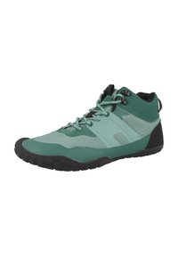 Green high-top footwear featuring a textured upper, minimalist design, reinforced toe cap, and a black rubber sole with traction pattern.