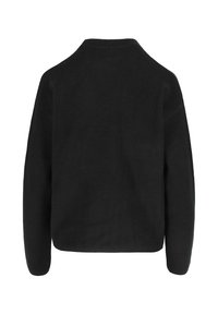 Mustan värinen pooloneule, jossa on pyöreä pääntie, laskeutuvat olkapäät ja pehmeä, teksturoitu kangas. Ominaisuuksiin kuuluu rento istuvuus ja minimaalinen sauman yksityiskohtaisuus.