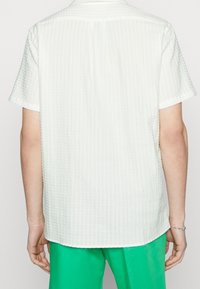 Camicia bianca a maniche corte con una sottile texture a righe, caratterizzata da un orlo dritto e un dettaglio al cuciture sulla schiena. Abbinata a pantaloni verdi.