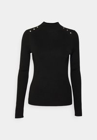 Czarny prążkowany sweter z wysokim kołnierzem i długimi rękawami. Z metalicznymi ozdobami na ramieniu. Teksturowany, dopasowany fason.