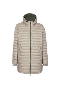 Giubbotto trapuntato beige con texture a cuscino, cappuccio e chiusura con zip. Presenta due tasche laterali e fodera interna verde a contrasto.