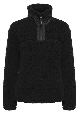 Pullover in fleece nero con colletto alto e chiusura a zip metà. Superficie testurizzata, maniche lunghe e piccolo dettaglio logo sul lato.