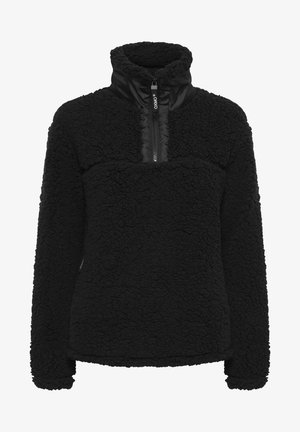 Mustmustehisest kanga pullover kõrge kaeluse ja pooli tõmblukuga. Tekstuuriga pind, pikad varrukad ja väike logo detail külje peal.